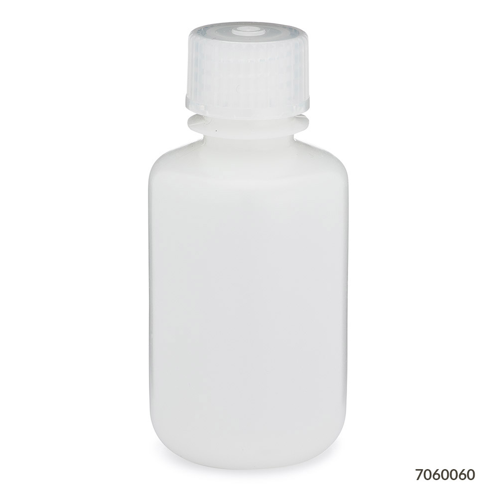 Globe Scientific Bottle, Narrow Mouth, HDPE Bottle, Attached PP Screw Cap, 60mL, 12/Pack Bottle; Boston Round; Narrow Mouth; HDPE; High Density Polyethylene; Screwcap; storage bottle; lab bottle